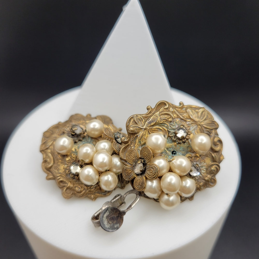 Vintage Art Nouveau Brass Faux Cluster Pearl Sterling Clip-On Earrings *AS-IS* - Picture 3 of 15